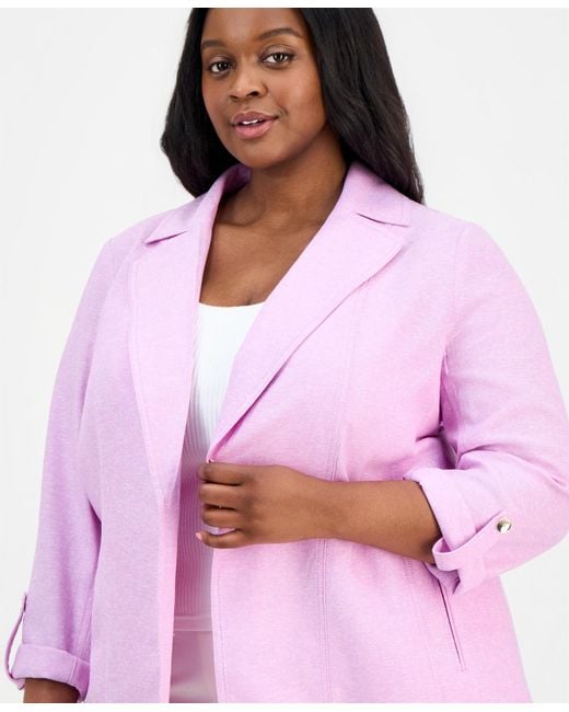 Kasper Purple Plus Size Open-front Roll-sleeve Jacket