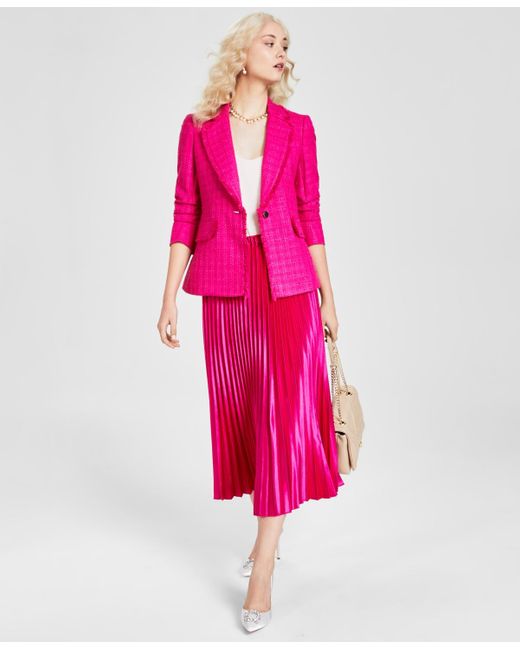 Anne Klein Pink Petite Scrunch-sleeve Tweed Fringe Jacket