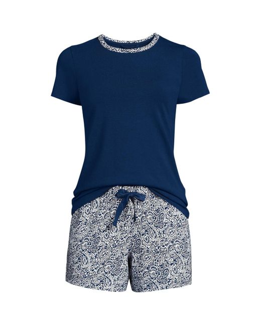 Lands' End Blue Knit Pajama Short Set Short Sleeve T-shirt And Shorts