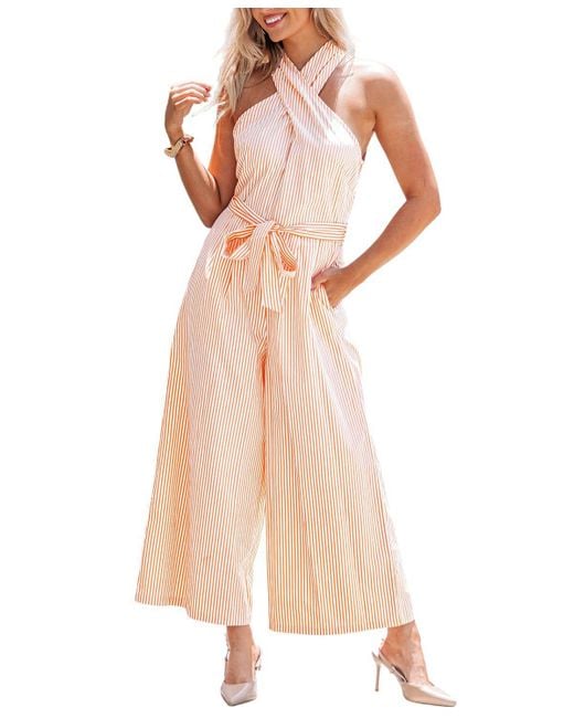 CUPSHE Orange Vibrant Striped Cross-front Halter Wide Leg Jumpsuit
