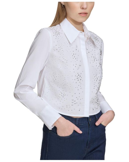 DKNY White Cotton Studded Cropped Shirt