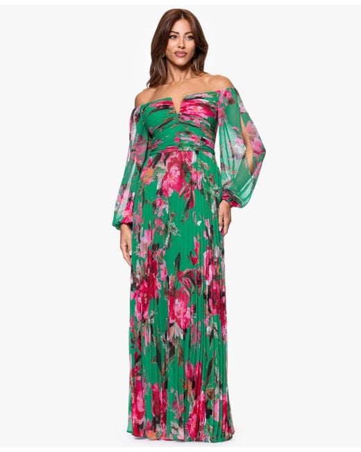 Xscape Printed Long A-line Dress in Green | Lyst