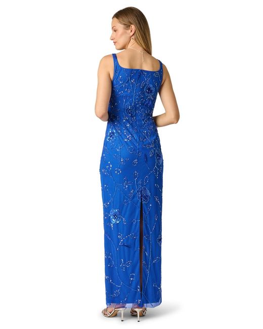 adrianna papell women's beaded mesh slim column dress Short Sleeve Beaded Column Gown In Navy
