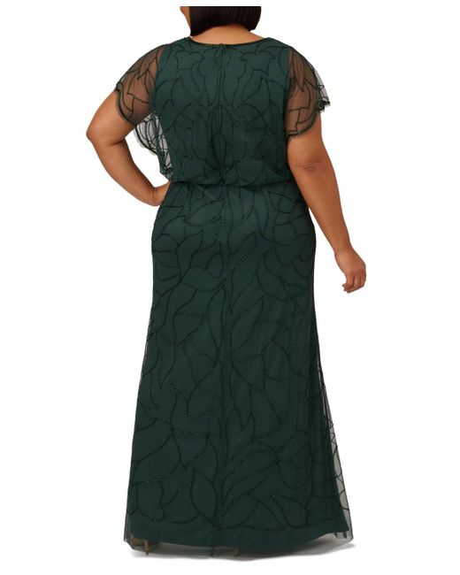 Adrianna Papell Green Plus Size Beaded Blouson Dolman-sleeve Gown