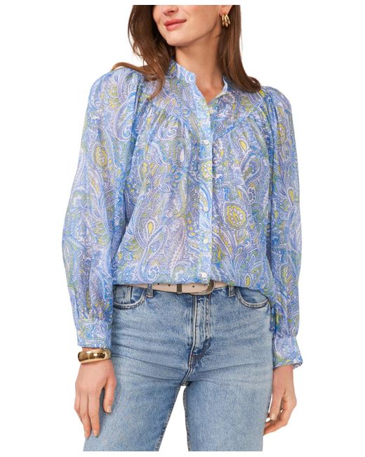 Vince Camuto Blue Printed Raglan Sleeve Button-front Top