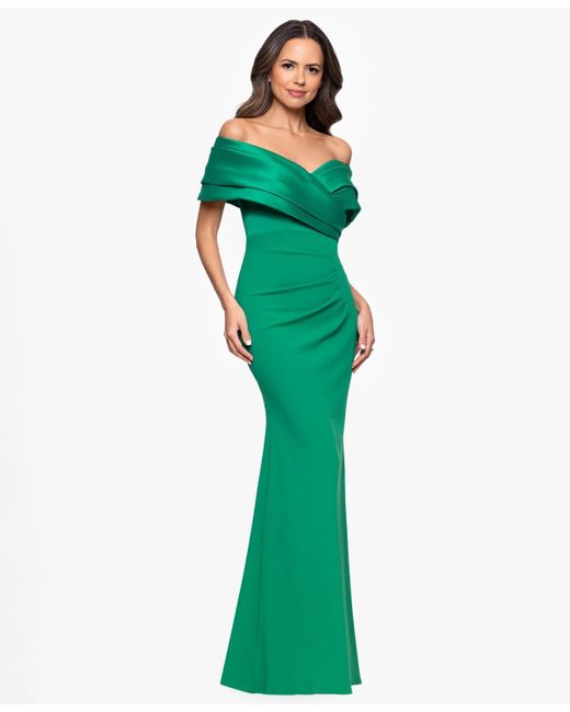 Betsy & Adam Green Off-the-shoulder Colorblocked Gown