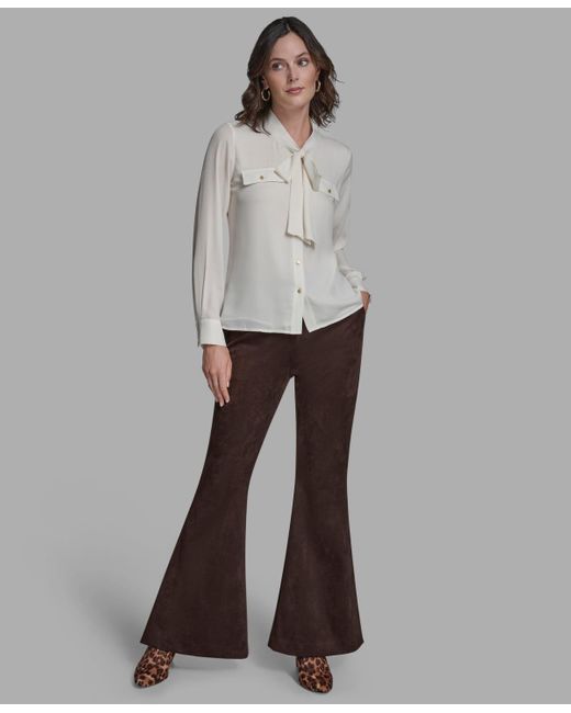 BCBGMAXAZRIA Gray Button Down Tie Neck Blouse