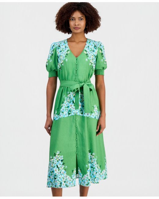 tahari green dress Belted Printed Button-front Midi in Style M03839