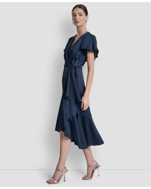 DKNY Blue Short Sleeve Faux Wrap Midi Dress