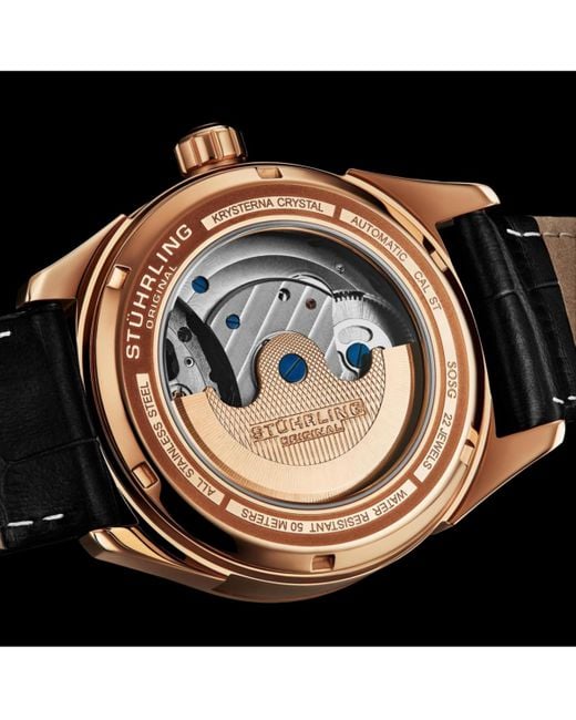 Stuhrling Gray Vanguard 1019.04 Legacy Collection Dual Time Automatic Skeleton Watch 42mm Gold Tone Black Dial Leather Strap for men