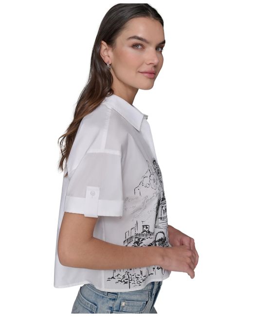 Karl Lagerfeld White Cotton Crop Paris Scene Button-front Top