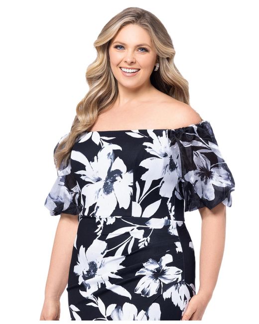 Xscape Blue Plus Size Floral Balloon-sleeve Off-the-shoulder Gown