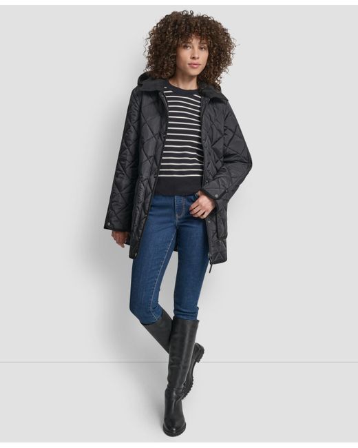 DKNY Gray Corduroy Collar Hooded Quilted Coat