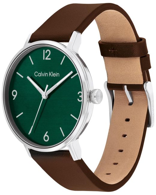 Calvin Klein Green Modern Brown Leather Watch 42mm for men