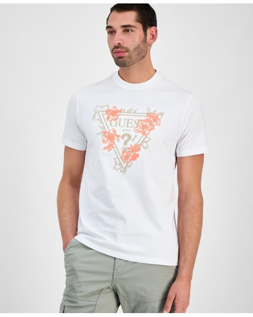 Guess White Flower Triangle Short Sleeve Logo Graphic T-shirt for men