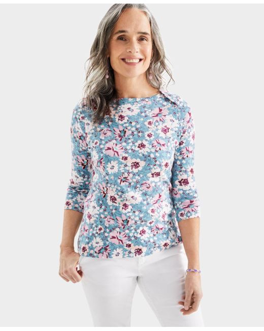Style & Co. Blue Pima Cotton 3/4 Sleeve Printed Top