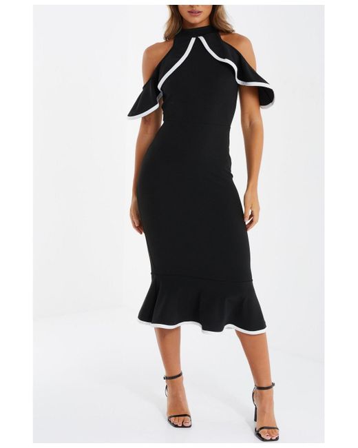 Quiz Black Piped Cold Shoulder Midi Dress