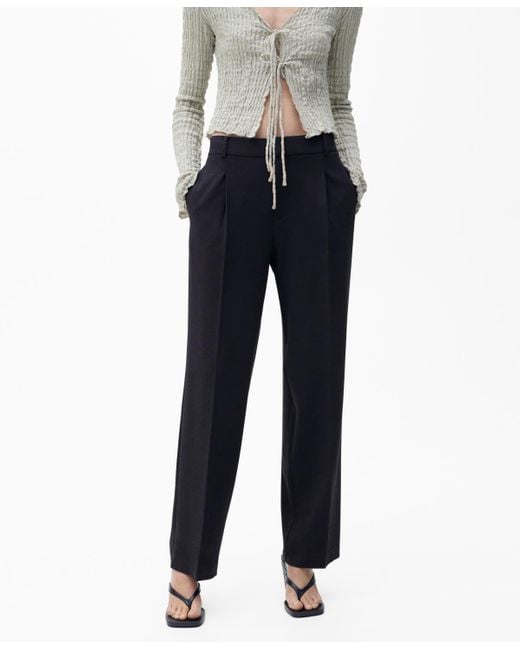 Mango Blue Straight-fit Pleated Trousers Pants