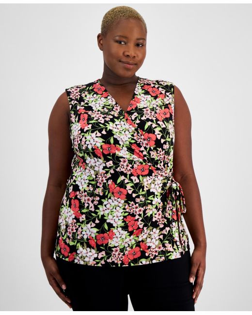Anne Klein Multicolor Plus Size Printed Faux-wrap Sleeveless Top