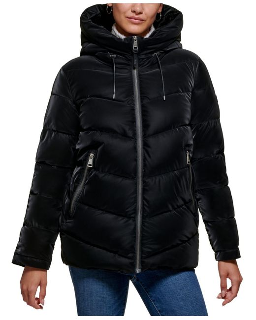 DKNY Petite Hooded Liquid Velvet Puffer Coat in Black (Blue) Lyst