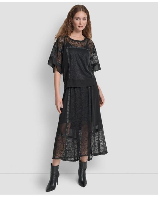 DKNY Black Leopard Mesh Short Sleeve Flowy Box Top