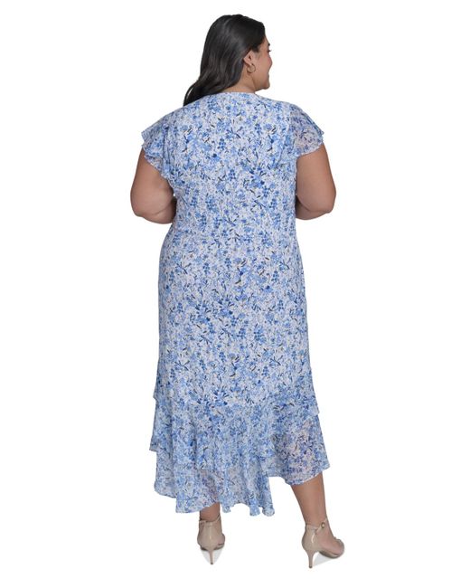 Tommy Hilfiger Blue Plus Size Floral Print Chiffon Flutter-sleeve Midi Dress