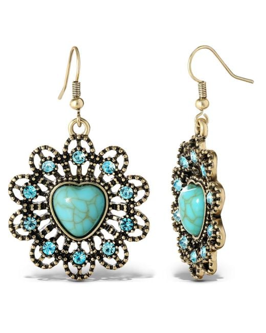 Jessica Simpson Metallic Turquoise Stone Ornate Heart Earrings