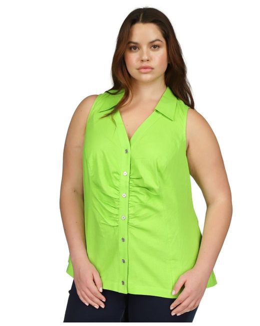 Michael Kors Green Michael Plus Size Linen Button-front Sleeveless Top
