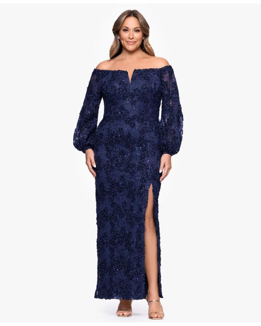 Xscape Blue Plus Size Off-the-shoulder Soutache Lace Dress