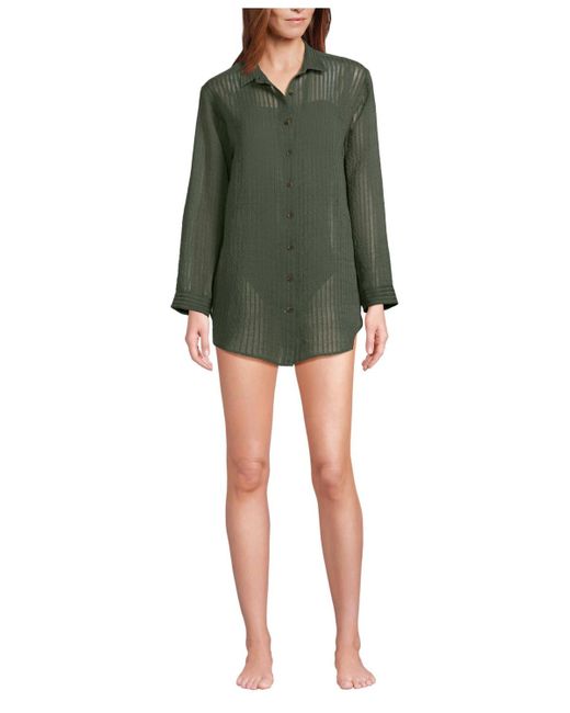 Lands' End Green Rayon Rib Button Down Cover-up
