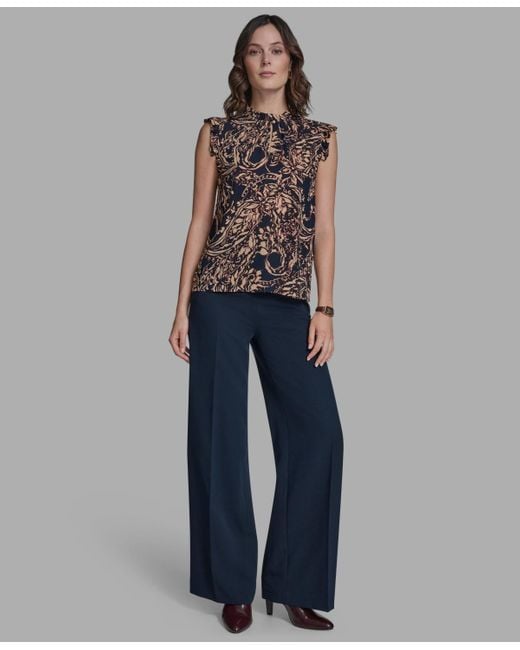 BCBGMAXAZRIA Blue Printed Mock Neck Blouse