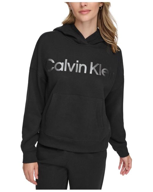 Calvin Klein Black Metallic-logo Dropped-shoulder Hoodie