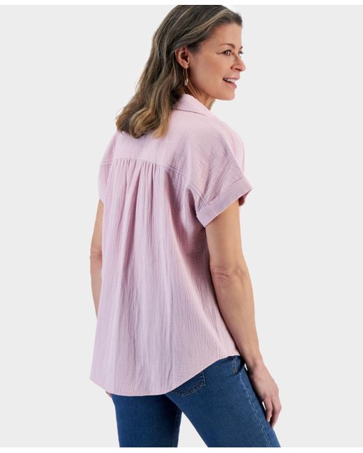 Style & Co. Blue Petite Cotton Short-sleeve Camp Shirt