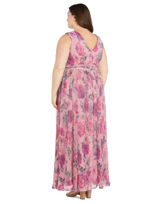 R & M Richards Pink Plus Size Metallic Crinkle-pleat Floral Dress