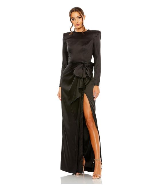Mac Duggal Black Ieena Long Sleeve Structured Bow Draped Gown