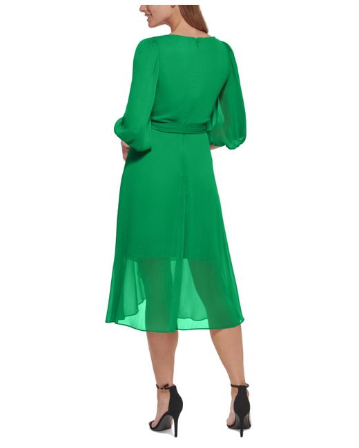 DKNY Green Chiffon 3/4-sleeve Midi Dress