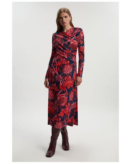 Karen Millen Women's Red Paisley Jersey Crepe Twist Maxi Dress