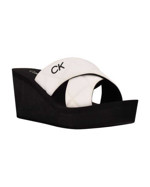 Calvin Klein White Rhena Criss-cross Straps Slip-on Wedge Sandals