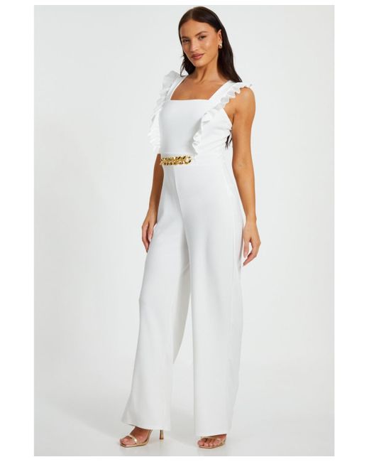Quiz White Scuba Crepe Chain Front Frill Jumpsuit