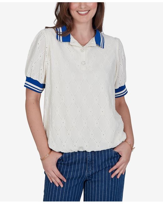 Ruby Rd Blue Plus Size Diamond Eyelet Bubble Hem Top
