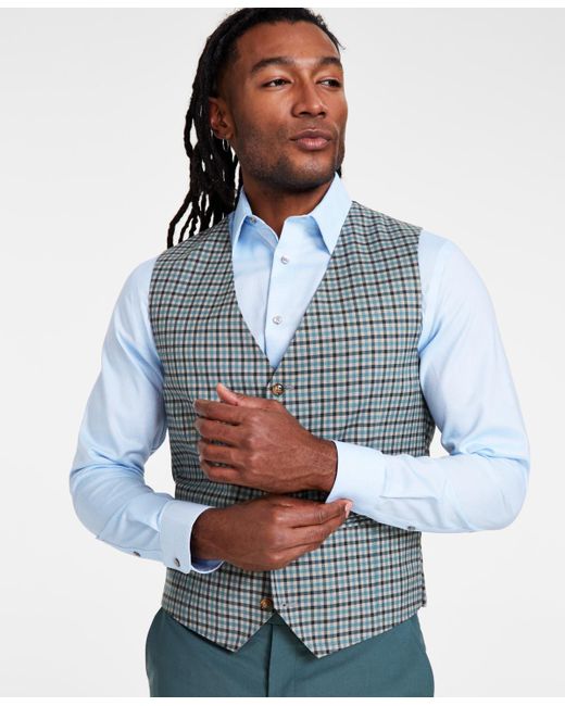 Tayion Collection Blue Classic Fit Plaid Suit Vest for men