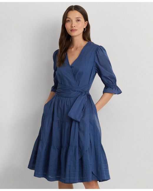 Lauren by Ralph Lauren Blue Tie-front Cotton Voile Surplice Dress