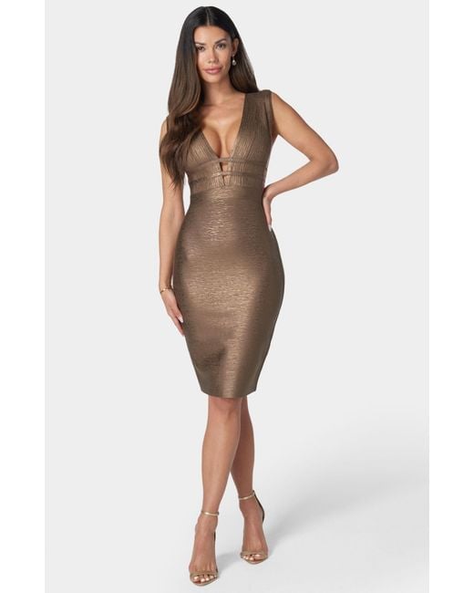 Bebe Natural Foiled Bandage Plunge Neck Midi Dress