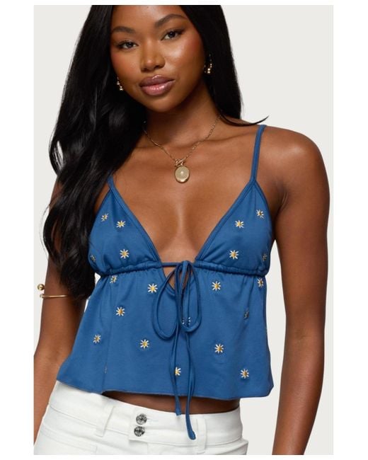 Edikted Blue Soleil Embroidered Open Back Top