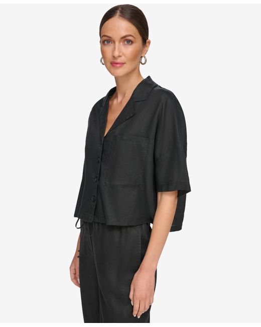 DKNY Black Button-front Dolman-sleeve Linen Top