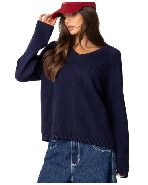 Edikted Blue Martha Oversized V Neck Sweater