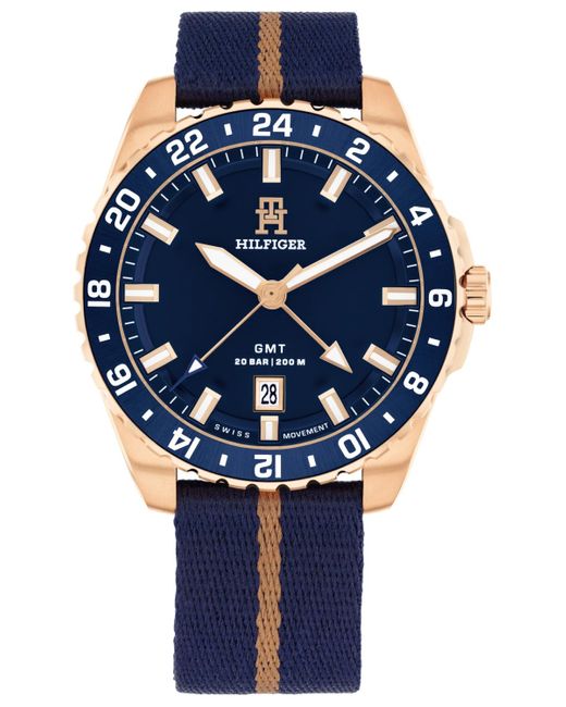 Tommy Hilfiger Swiss Blue And Rose Gold Ocean Tide Textile Watch 42mm for men