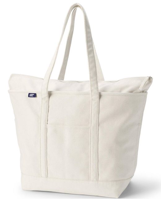Lands' End Natural Extra Large 5 Pocket Zip Top Long Handle Canvas Tote Bag