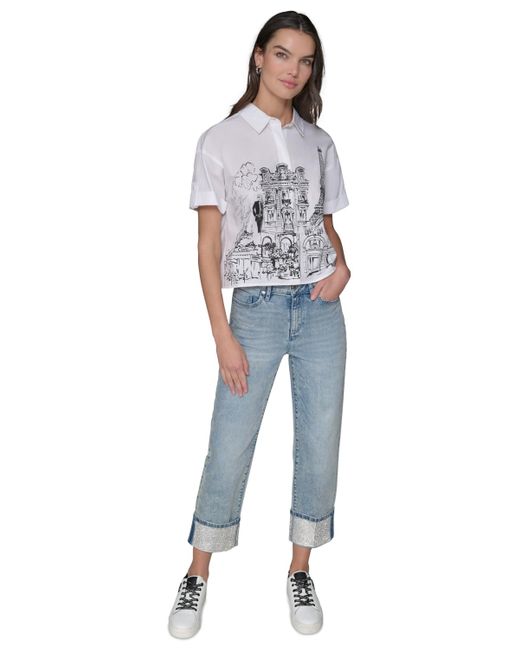 Karl Lagerfeld White Cotton Crop Paris Scene Button-front Top