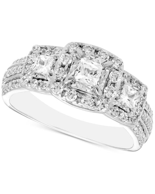 Macy's Metallic Diamond 3-stone Princess-cut Halo Ring (1 Ct. T.w.) In 14k White Gold